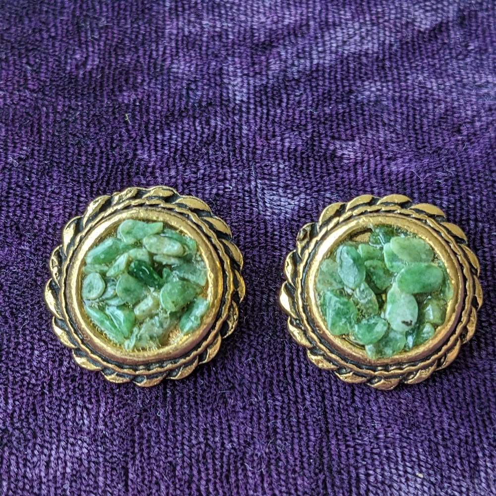 Vintage Gold Tone Earrings With Natural Green Jadeite Stones